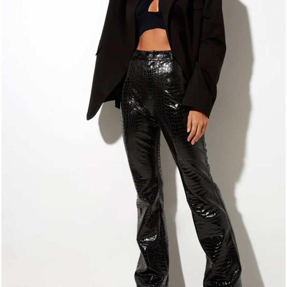 Motel Rocks Black Flared Pants with High Waist and Glossy Finish